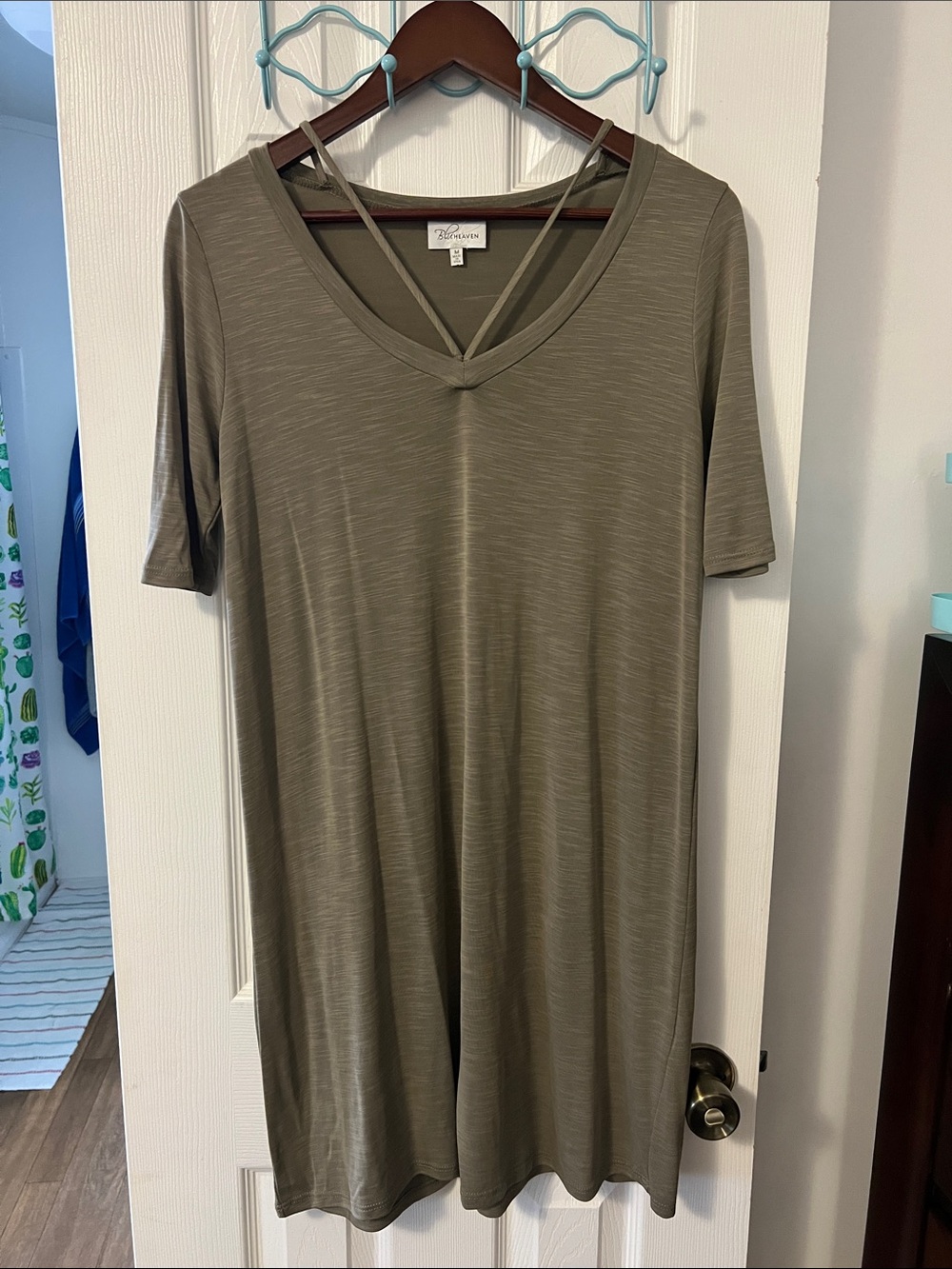 BluHeaven Olive Short Sleeve V-Neck Tunic with Strappy Detail